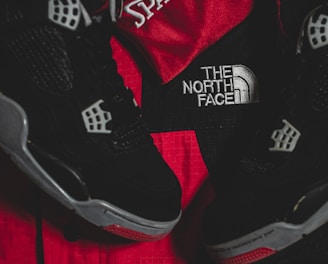 Black athletic shoes are placed alongside red and black sportswear bearing logos from Spalding and The North Face.