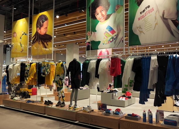 A retail store showcases clothing and sportswear on mannequins and hangers, with large vibrant posters featuring children in sports attire above. The interior displays bright garments and accessories on shelves and racks.
