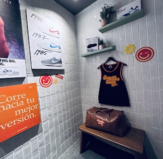 A small retro-themed display with a focus on athletic apparel and shoes. The walls feature a series of posters showcasing various Nike shoes from different years. A black gym tank top and a brown leather gym bag are prominently positioned on a wooden bench. There are decorative elements like potted plants on wall-mounted shelves and smiley face icons. The environment has a nostalgic and sporty atmosphere.