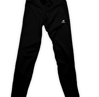 A pair of black athletic pants with a logo on the upper thigh area. The pants have a sleek design with a high waistband.