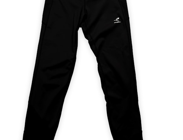 A pair of black athletic pants with a logo on the upper thigh area. The pants have a sleek design with a high waistband.